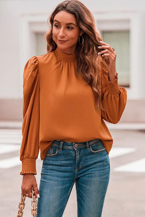 Burnt Orange Long Sleeve Cuff Sleeve Blouse